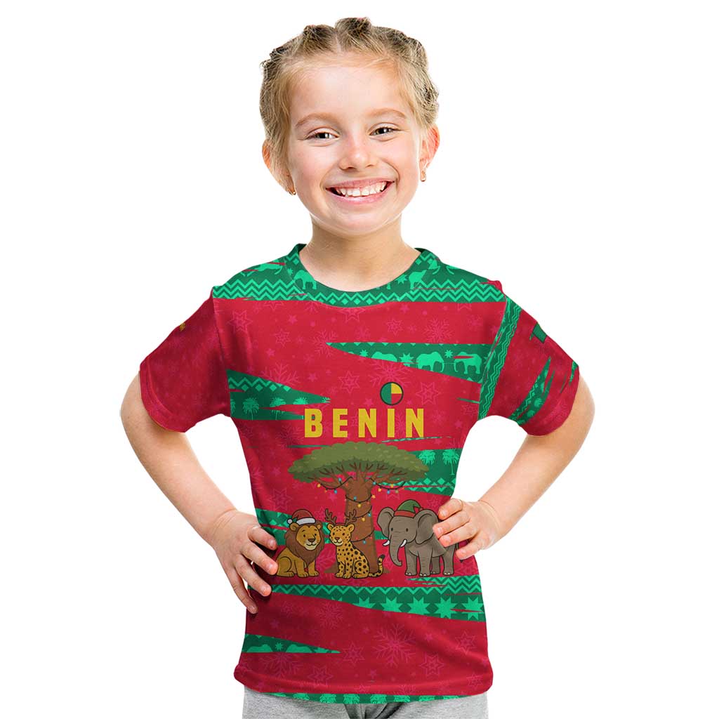 Benin Christmas Kid T Shirt with Safari Animals Baobab Tree and National Coat of Arms Design - Wonder Print Shop