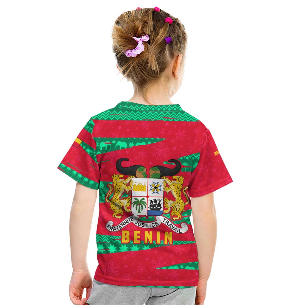 Benin Christmas Kid T Shirt with Safari Animals Baobab Tree and National Coat of Arms Design - Wonder Print Shop