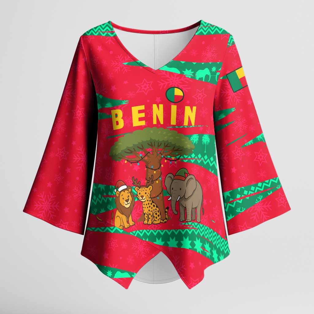 Benin Christmas Kimono Sleeve Blouse with Safari Animals Baobab Tree and National Coat of Arms Design - Wonder Print Shop