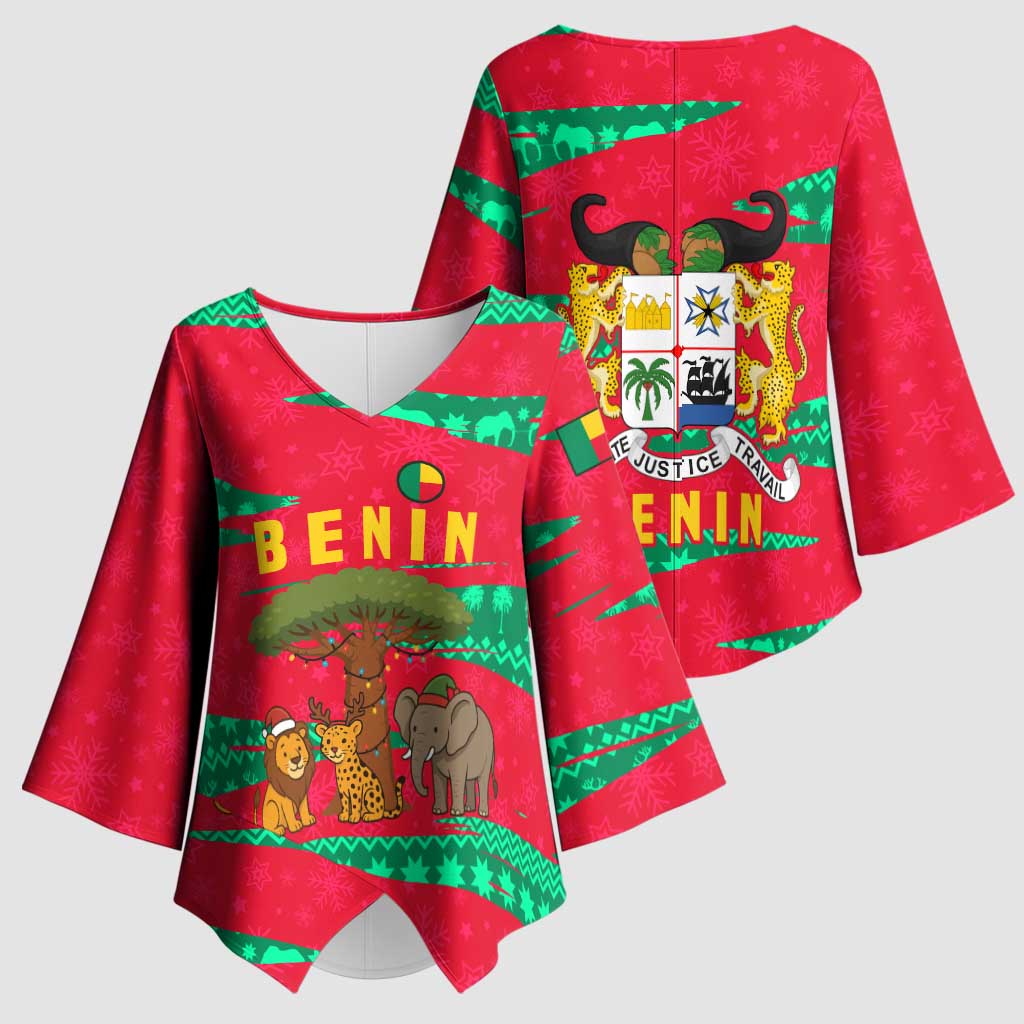 Benin Christmas Kimono Sleeve Blouse with Safari Animals Baobab Tree and National Coat of Arms Design - Wonder Print Shop