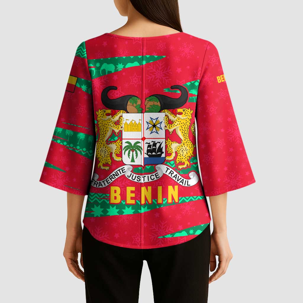 Benin Christmas Kimono Sleeve Blouse with Safari Animals Baobab Tree and National Coat of Arms Design - Wonder Print Shop
