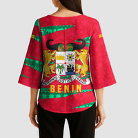 Benin Christmas Kimono Sleeve Blouse with Safari Animals Baobab Tree and National Coat of Arms Design - Wonder Print Shop