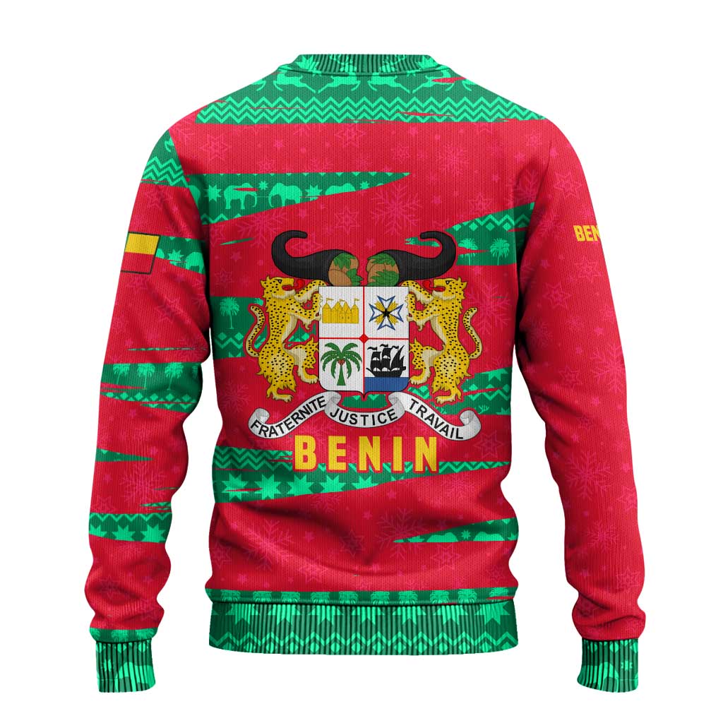 Benin Christmas Ugly Christmas Sweater with Safari Animals Baobab Tree and National Coat of Arms Design - Wonder Print Shop