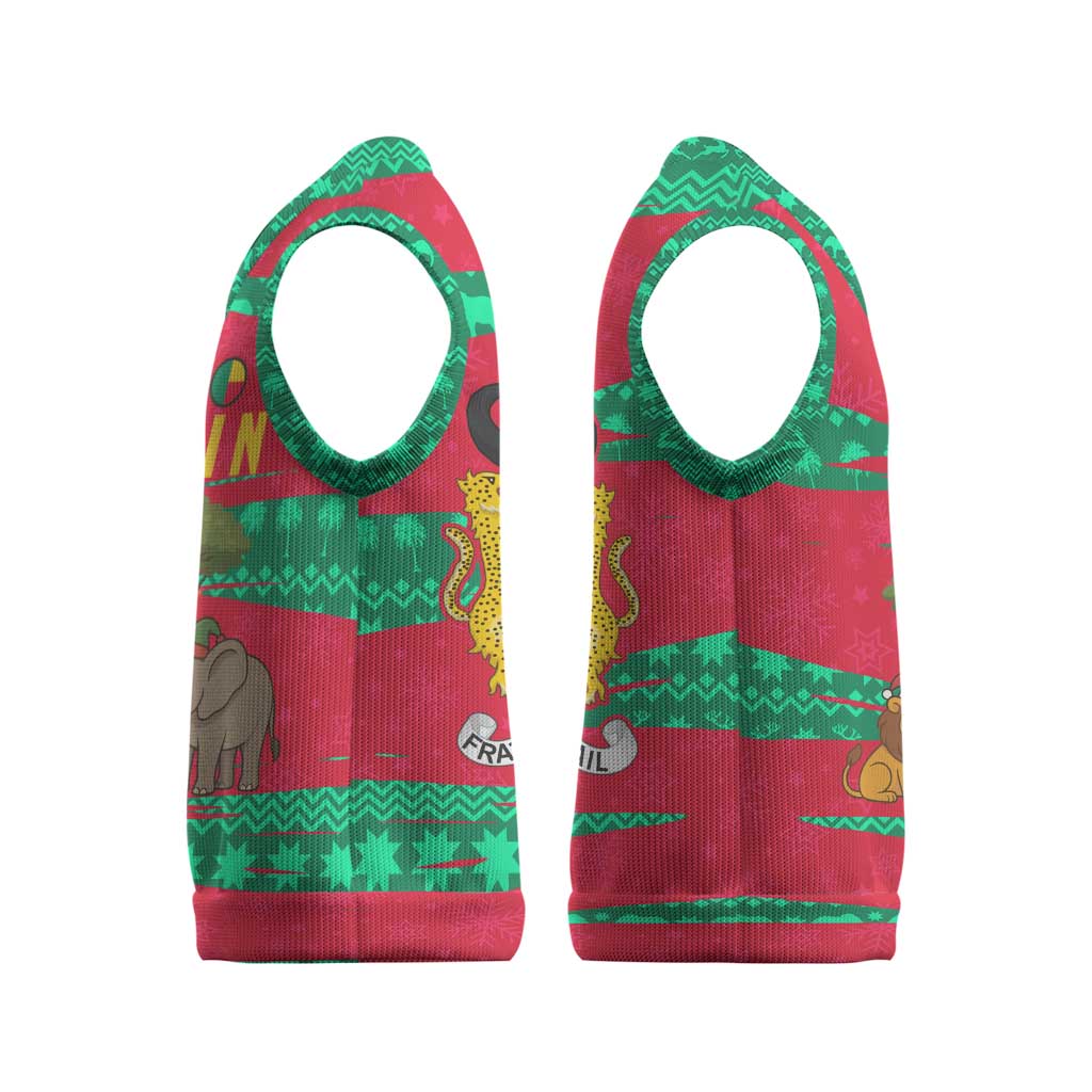 Benin Christmas Knitted V-Neck Vest with Safari Animals Baobab Tree and National Coat of Arms Design - Wonder Print Shop
