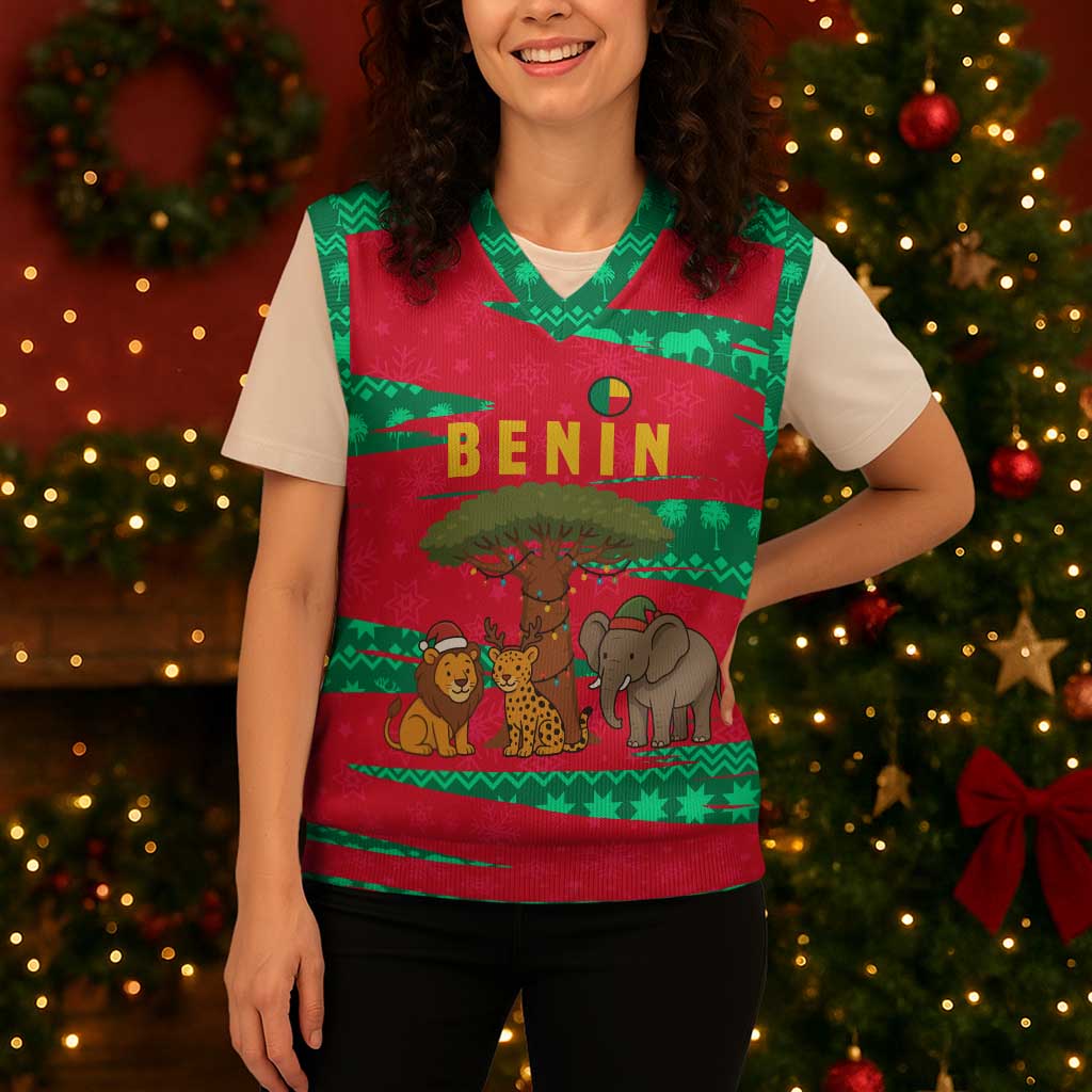 Benin Christmas Knitted V-Neck Vest with Safari Animals Baobab Tree and National Coat of Arms Design - Wonder Print Shop