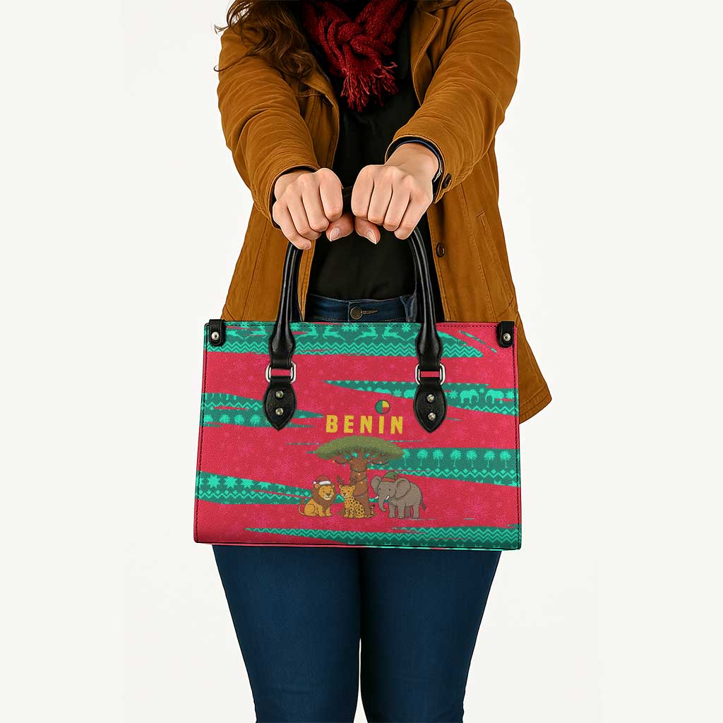 Benin Christmas Leather Bag with Safari Animals Baobab Tree and National Coat of Arms Design - Wonder Print Shop
