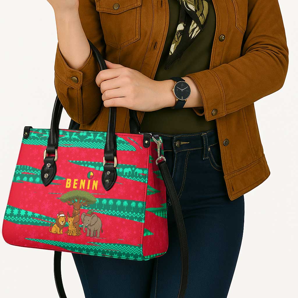 Benin Christmas Leather Bag with Safari Animals Baobab Tree and National Coat of Arms Design - Wonder Print Shop