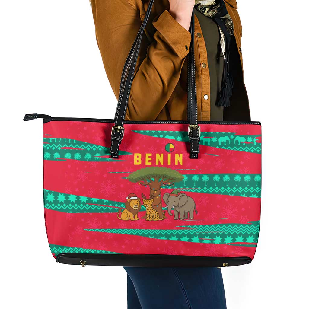 Benin Christmas Leather Tote Bag with Safari Animals Baobab Tree and National Coat of Arms Design - Wonder Print Shop