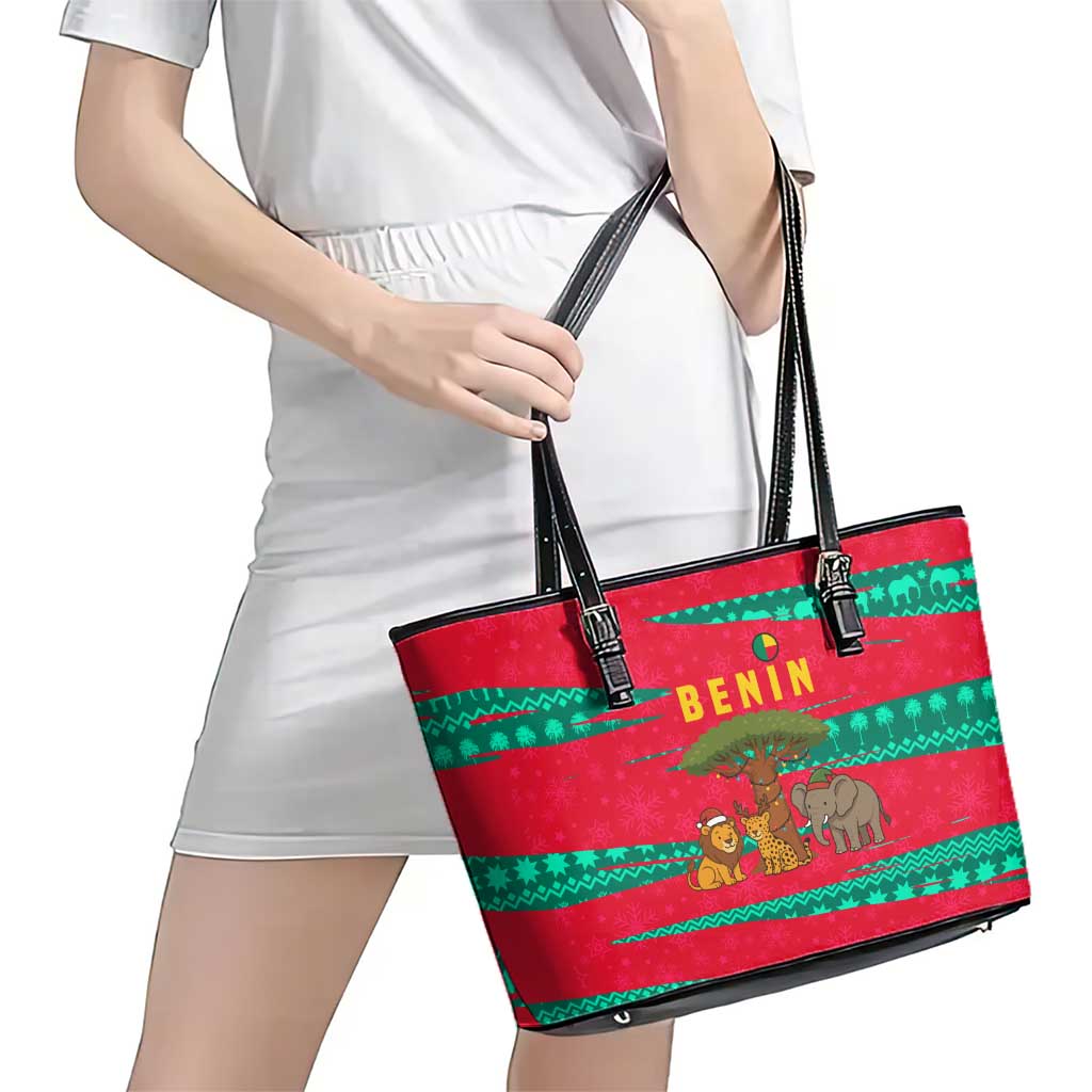 Benin Christmas Leather Tote Bag with Safari Animals Baobab Tree and National Coat of Arms Design - Wonder Print Shop