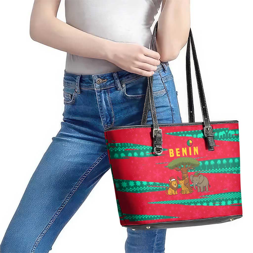 Benin Christmas Leather Tote Bag with Safari Animals Baobab Tree and National Coat of Arms Design - Wonder Print Shop