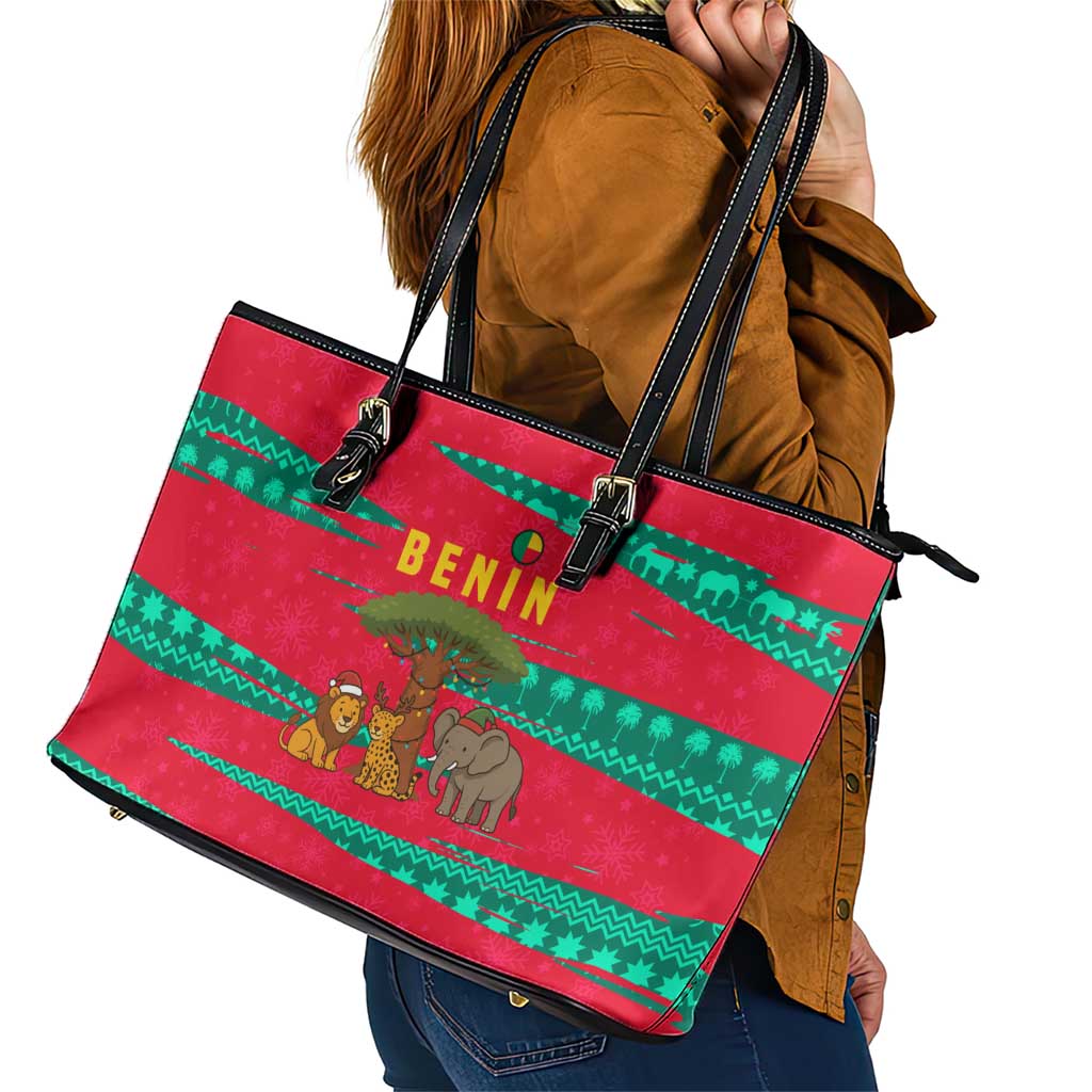 Benin Christmas Leather Tote Bag with Safari Animals Baobab Tree and National Coat of Arms Design - Wonder Print Shop