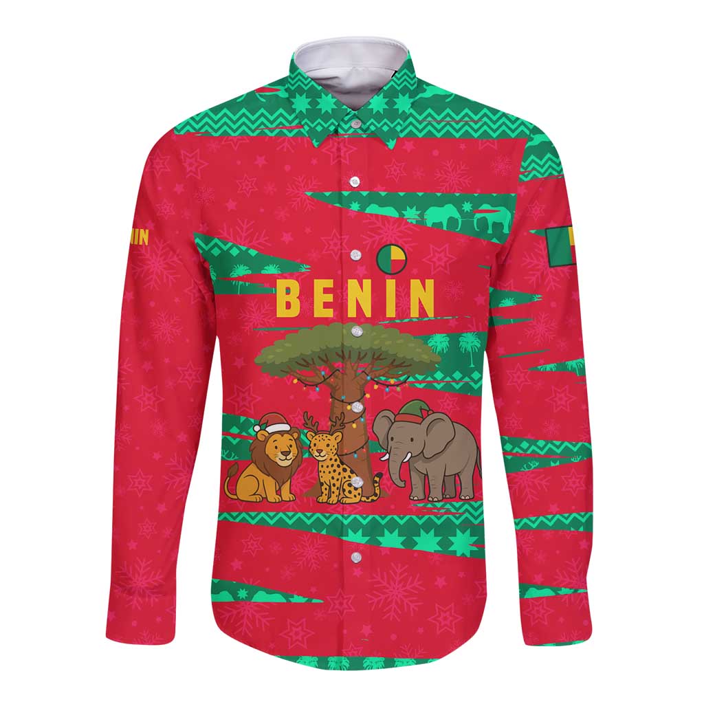 Benin Christmas Long Sleeve Button Shirt with Safari Animals Baobab Tree and National Coat of Arms Design - Wonder Print Shop
