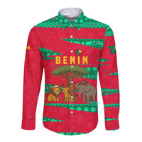 Benin Christmas Long Sleeve Button Shirt with Safari Animals Baobab Tree and National Coat of Arms Design - Wonder Print Shop