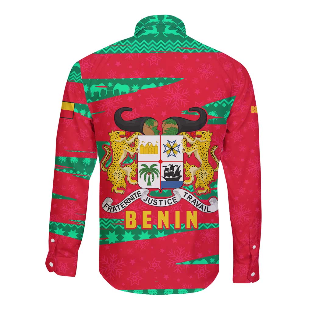 Benin Christmas Long Sleeve Button Shirt with Safari Animals Baobab Tree and National Coat of Arms Design - Wonder Print Shop
