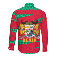 Benin Christmas Long Sleeve Button Shirt with Safari Animals Baobab Tree and National Coat of Arms Design - Wonder Print Shop