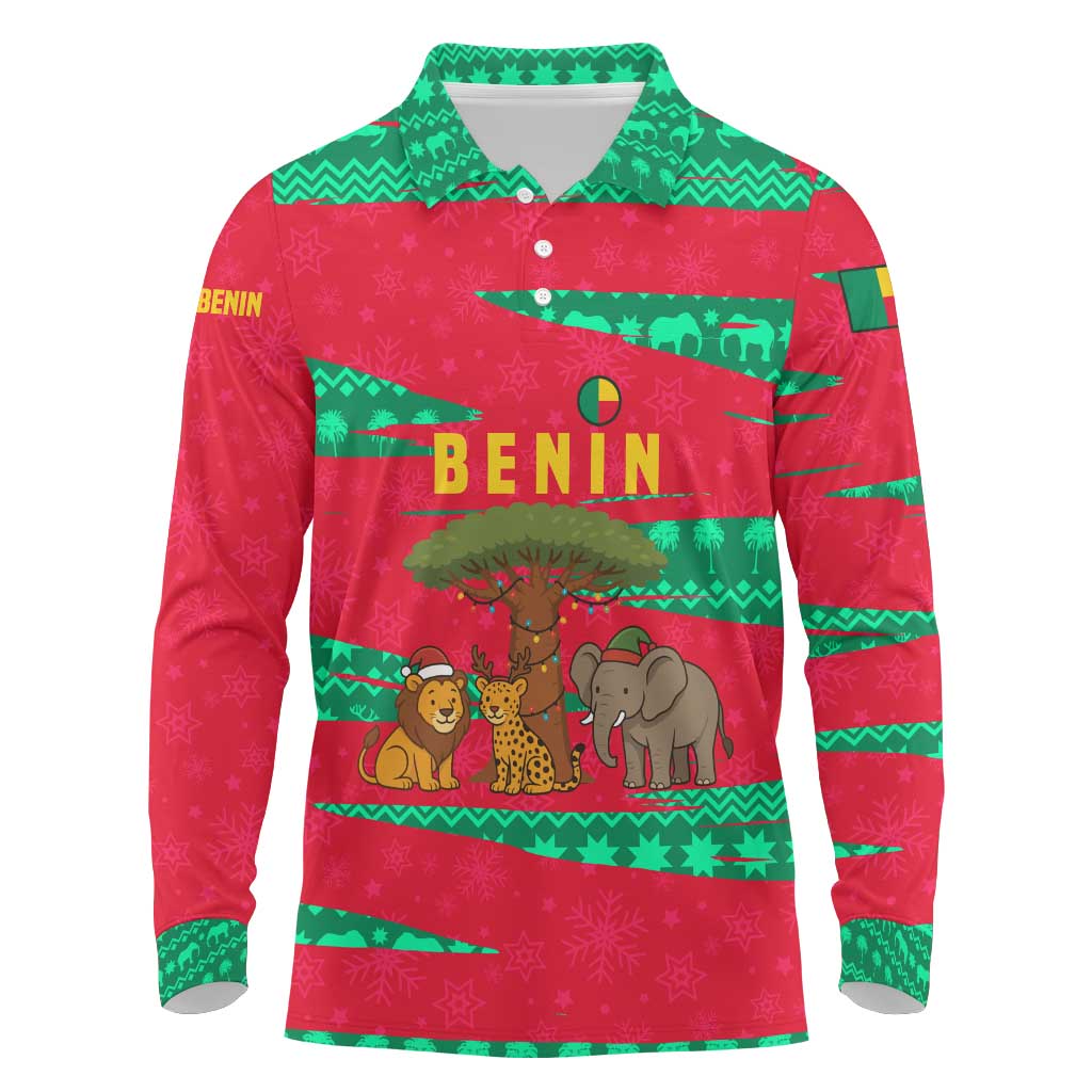 Benin Christmas Long Sleeve Polo Shirt with Safari Animals Baobab Tree and National Coat of Arms Design - Wonder Print Shop