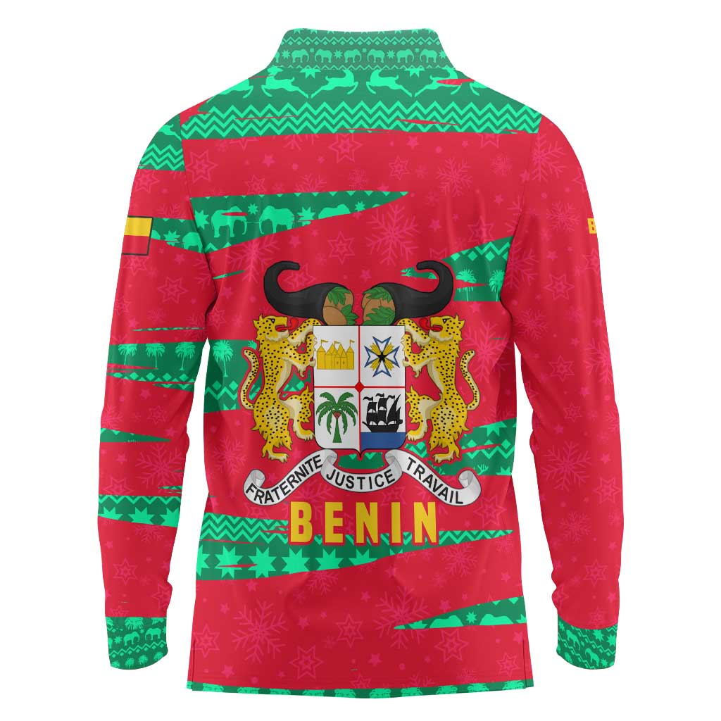 Benin Christmas Long Sleeve Polo Shirt with Safari Animals Baobab Tree and National Coat of Arms Design - Wonder Print Shop