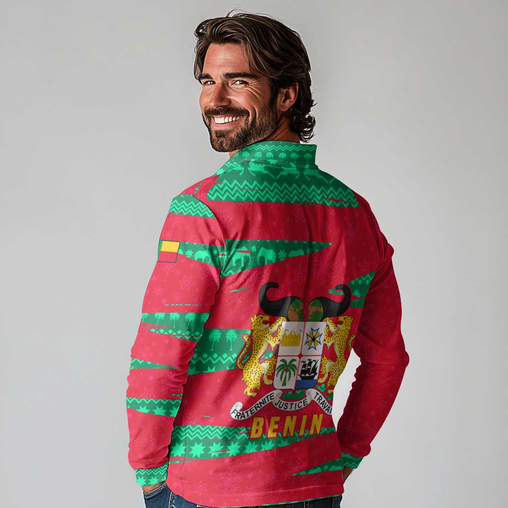 Benin Christmas Long Sleeve Polo Shirt with Safari Animals Baobab Tree and National Coat of Arms Design - Wonder Print Shop