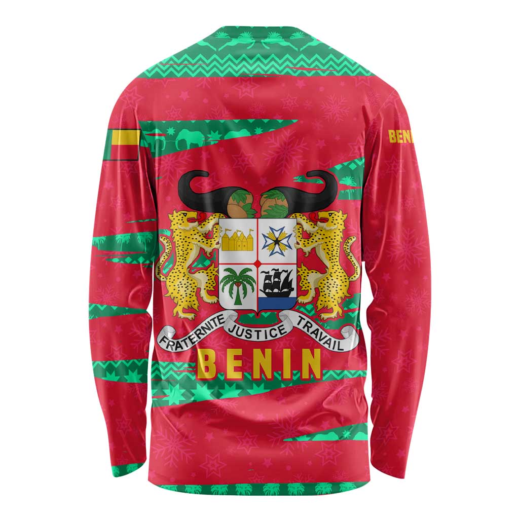 Benin Christmas Long Sleeve Shirt with Safari Animals Baobab Tree and National Coat of Arms Design - Wonder Print Shop