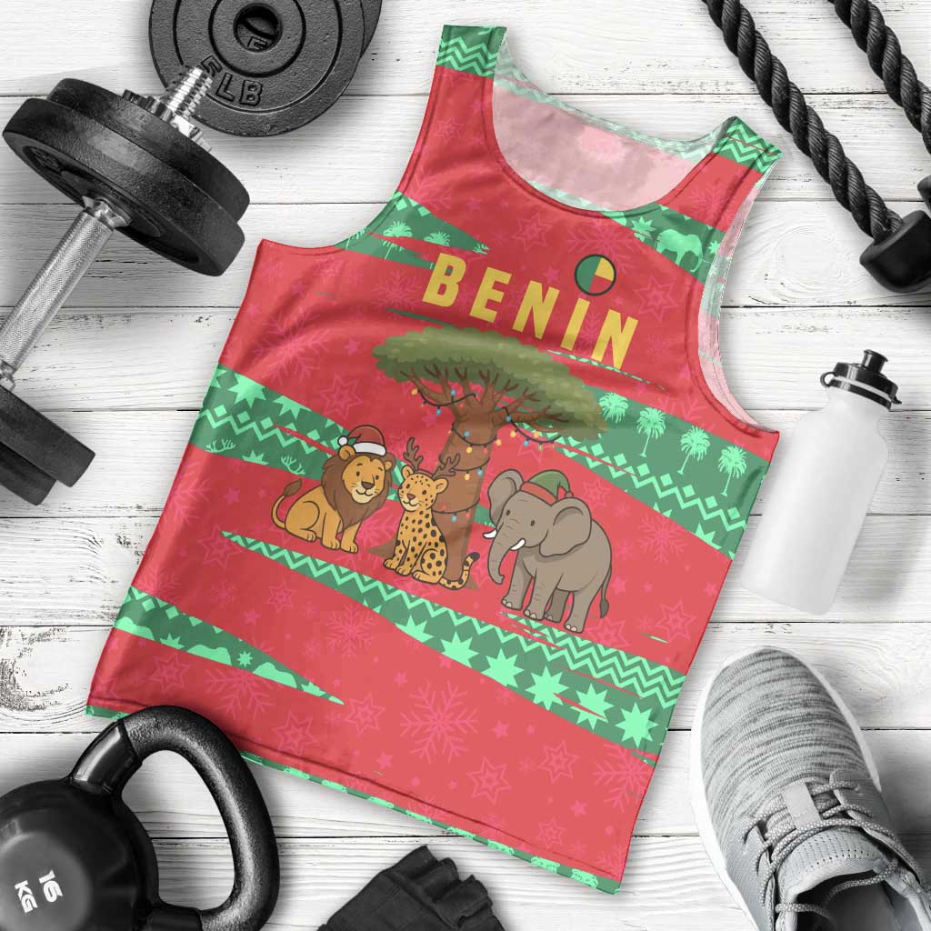 Benin Christmas Men Tank Top with Safari Animals Baobab Tree and National Coat of Arms Design - Wonder Print Shop