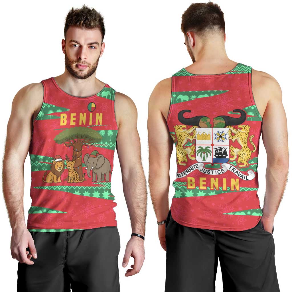 Benin Christmas Men Tank Top with Safari Animals Baobab Tree and National Coat of Arms Design - Wonder Print Shop