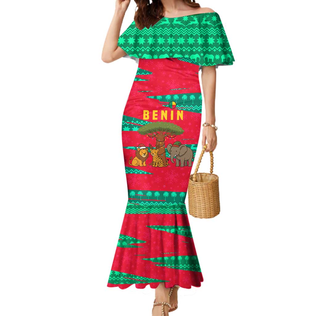 Benin Christmas Mermaid Dress with Safari Animals Baobab Tree and National Coat of Arms Design - Wonder Print Shop