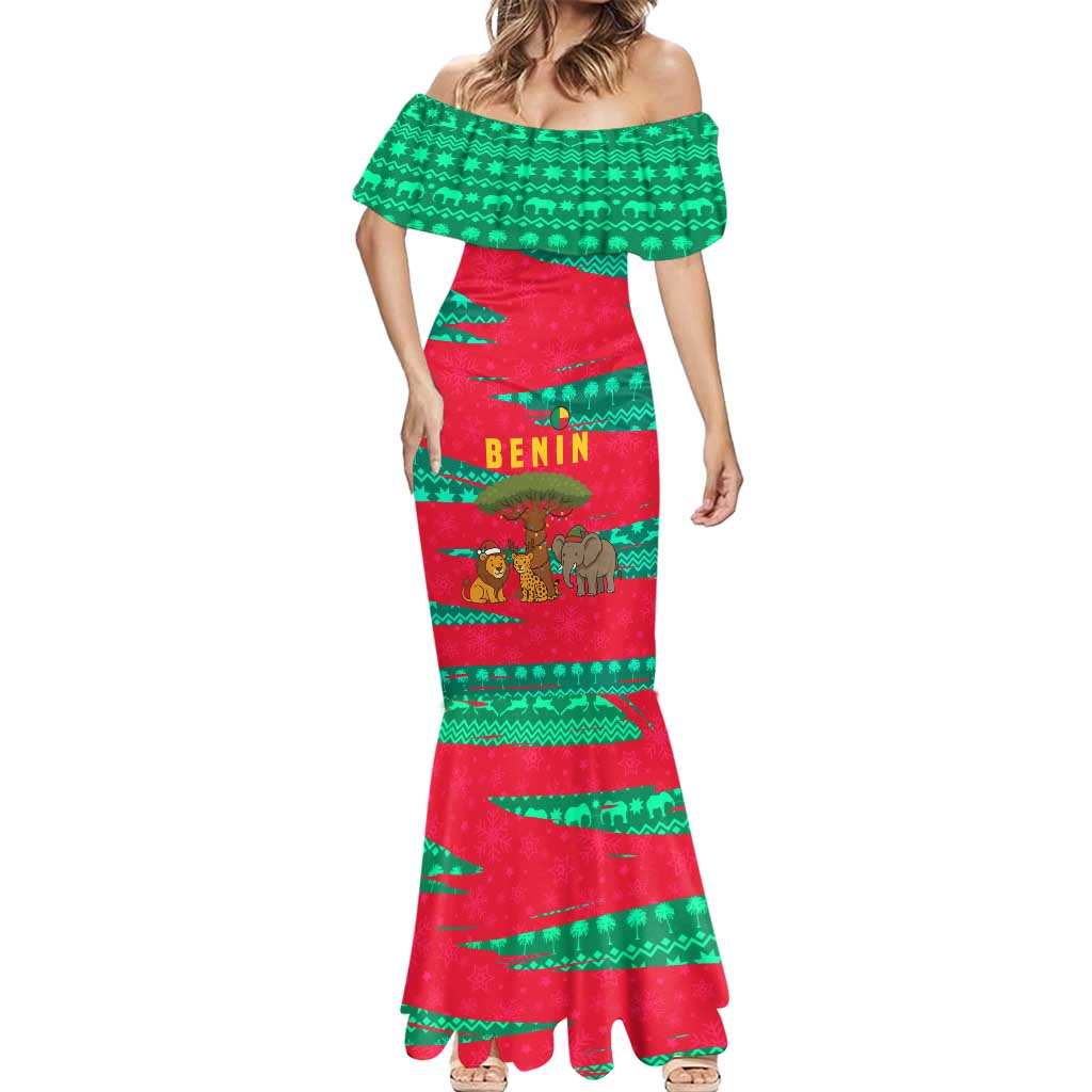 Benin Christmas Mermaid Dress with Safari Animals Baobab Tree and National Coat of Arms Design - Wonder Print Shop