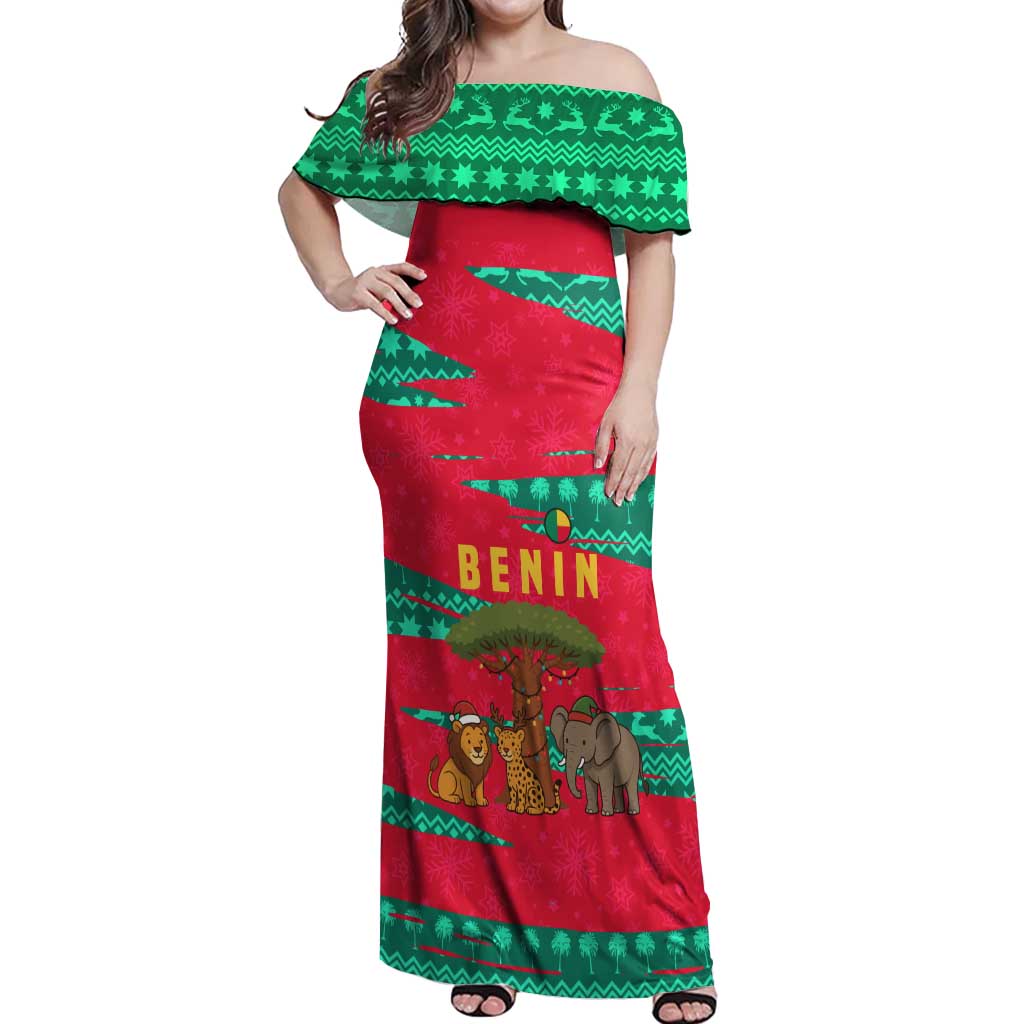 Benin Christmas Off Shoulder Maxi Dress with Safari Animals Baobab Tree and National Coat of Arms Design - Wonder Print Shop