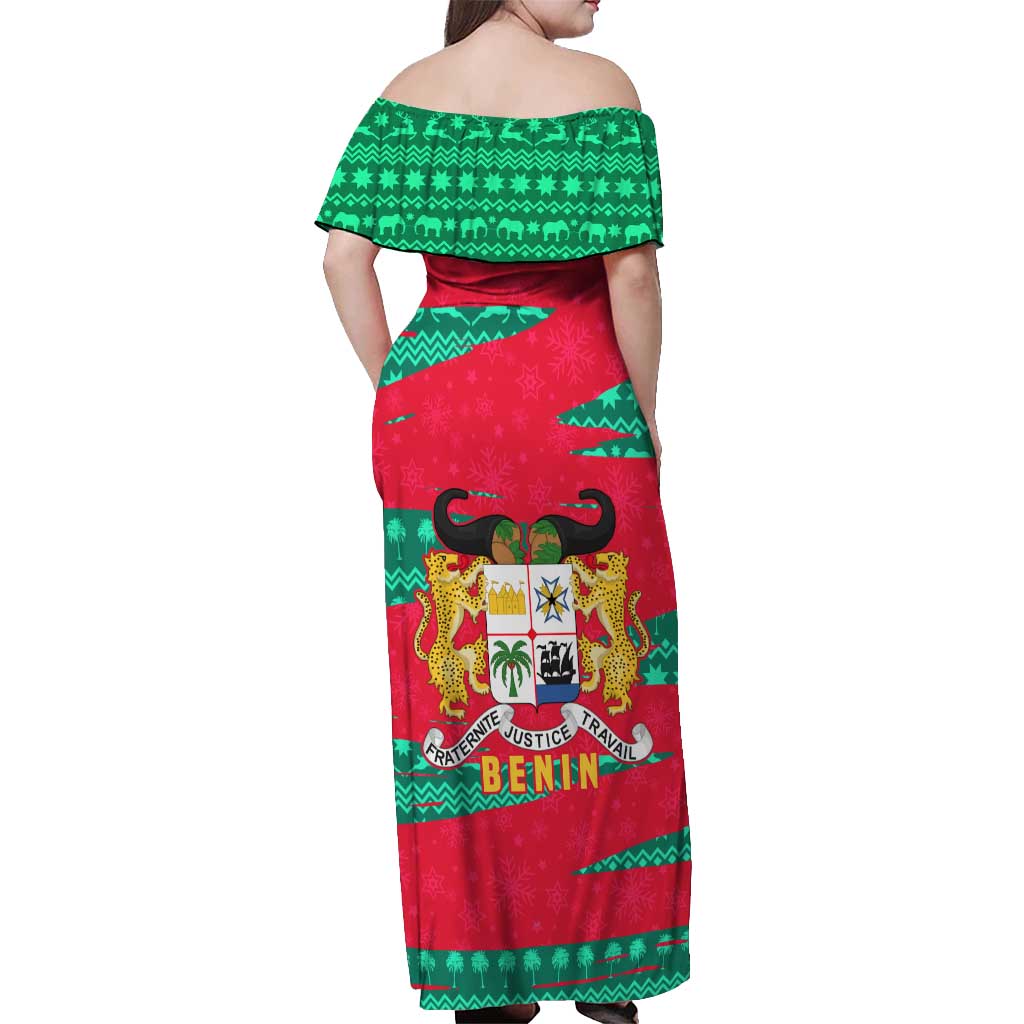 Benin Christmas Off Shoulder Maxi Dress with Safari Animals Baobab Tree and National Coat of Arms Design - Wonder Print Shop