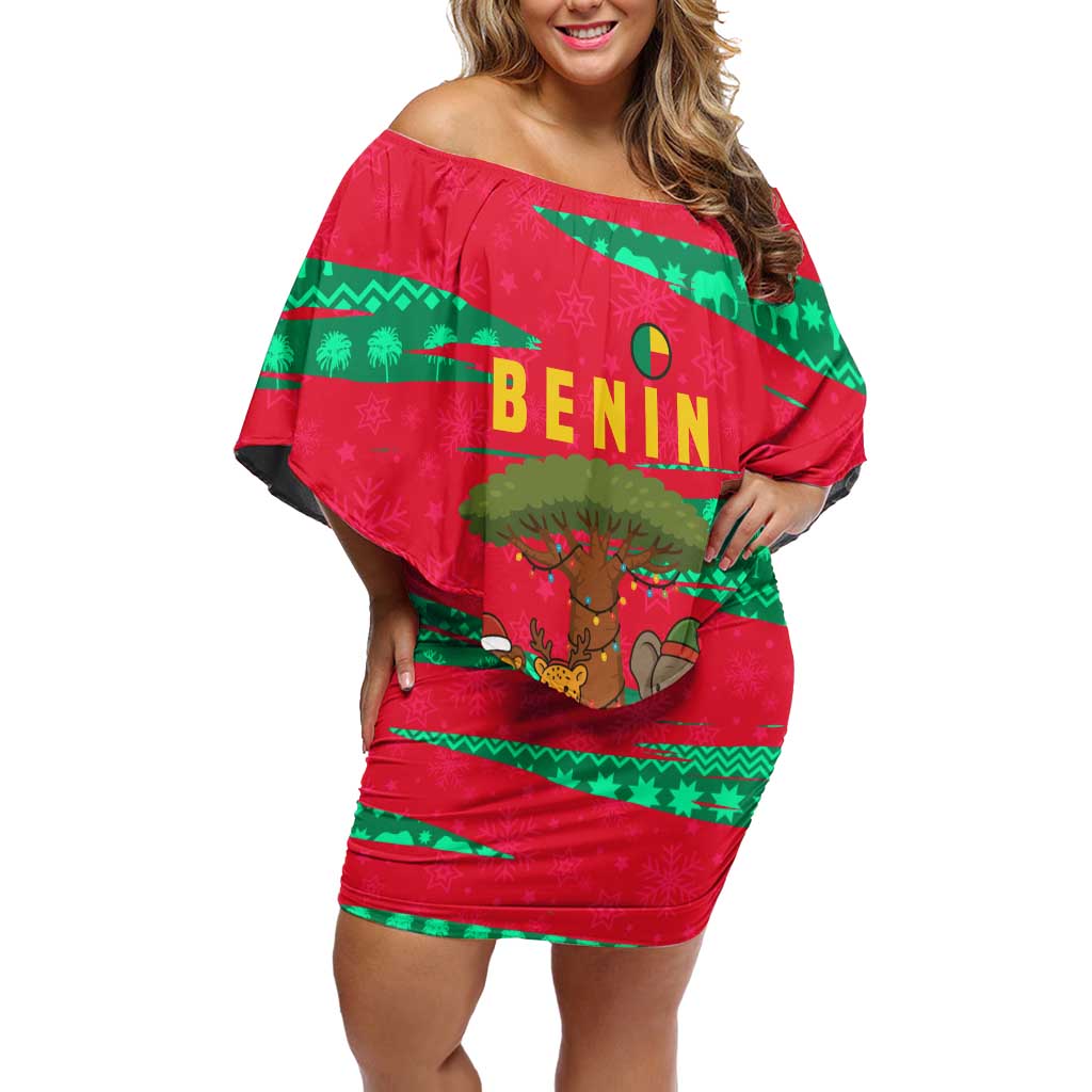 Benin Christmas Off Shoulder Short Dress with Safari Animals Baobab Tree and National Coat of Arms Design - Wonder Print Shop