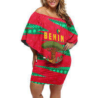 Benin Christmas Off Shoulder Short Dress with Safari Animals Baobab Tree and National Coat of Arms Design - Wonder Print Shop