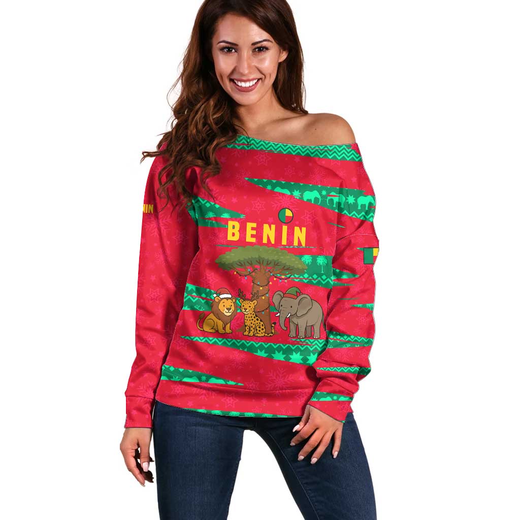 Benin Christmas Off Shoulder Sweater with Safari Animals Baobab Tree and National Coat of Arms Design - Wonder Print Shop