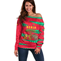 Benin Christmas Off Shoulder Sweater with Safari Animals Baobab Tree and National Coat of Arms Design - Wonder Print Shop