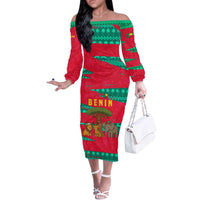 Benin Christmas Off The Shoulder Long Sleeve Dress with Safari Animals Baobab Tree and National Coat of Arms Design - Wonder Print Shop
