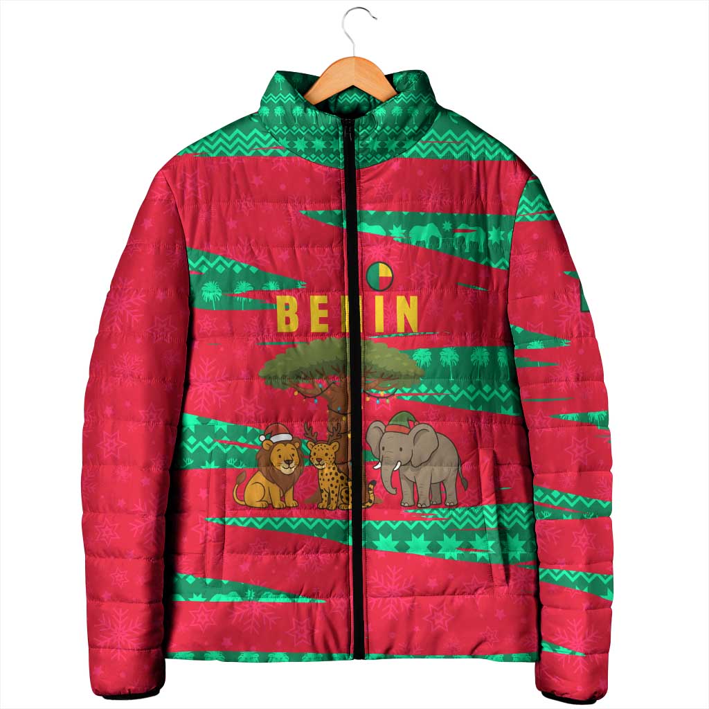 Benin Christmas Padded Jacket with Safari Animals Baobab Tree and National Coat of Arms Design - Wonder Print Shop