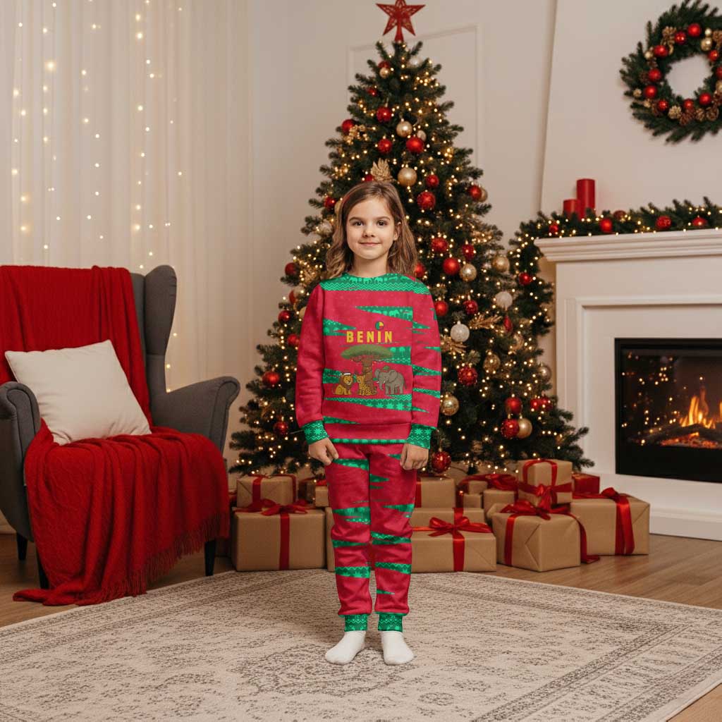 Benin Christmas Pajama Set with Safari Animals Baobab Tree and National Coat of Arms Design - Wonder Print Shop