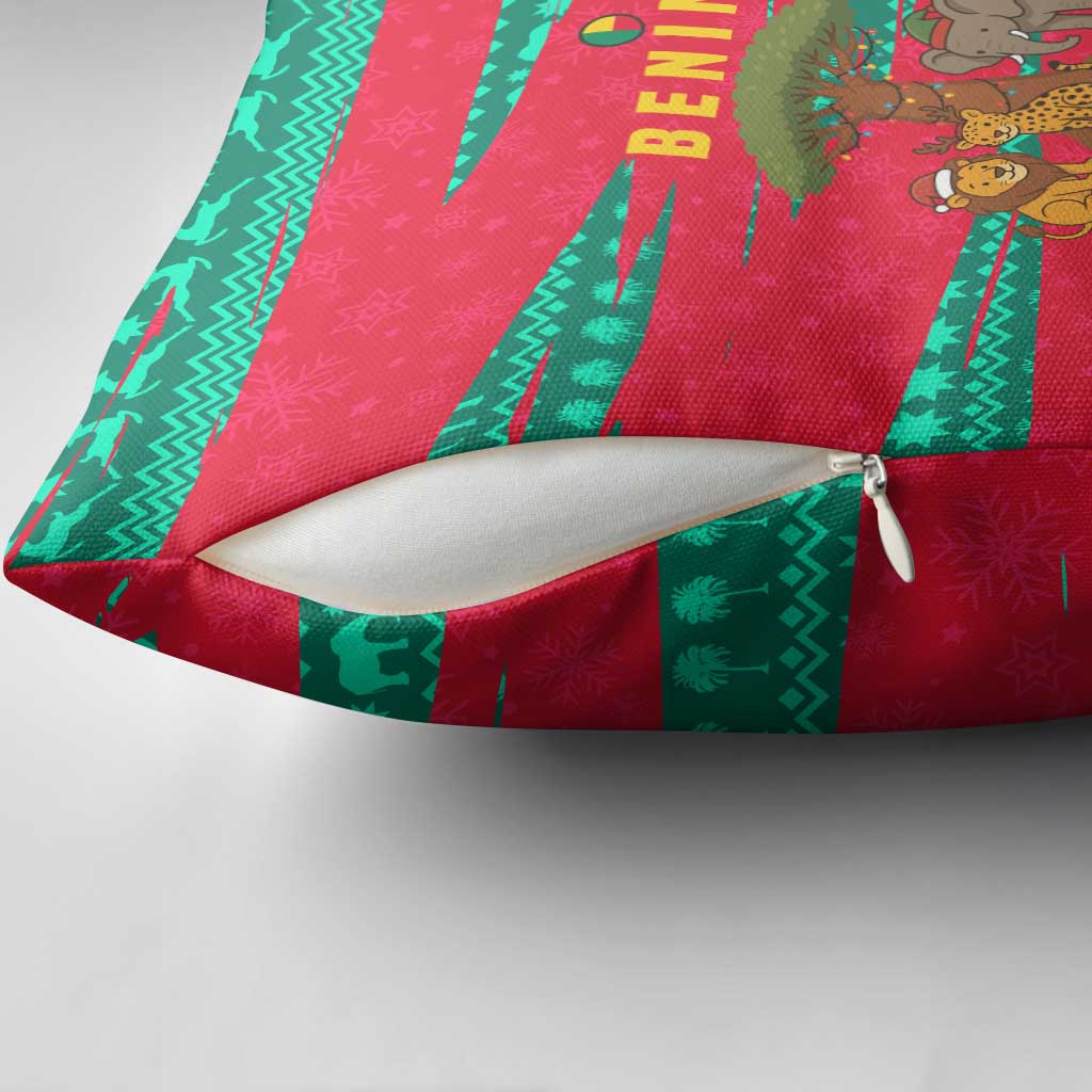 Benin Christmas Pillow Cover with Safari Animals Baobab Tree and National Coat of Arms Design - Wonder Print Shop