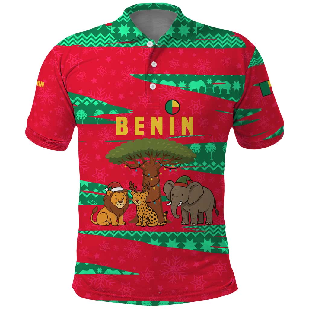 Benin Christmas Polo Shirt with Safari Animals Baobab Tree and National Coat of Arms Design - Wonder Print Shop
