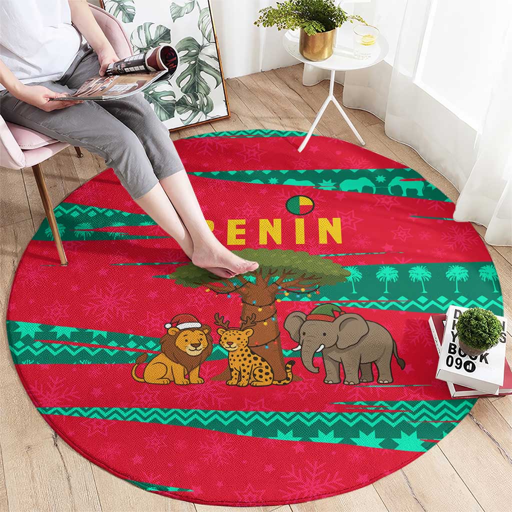Benin Christmas Round Carpet with Safari Animals Baobab Tree and National Coat of Arms Design - Wonder Print Shop