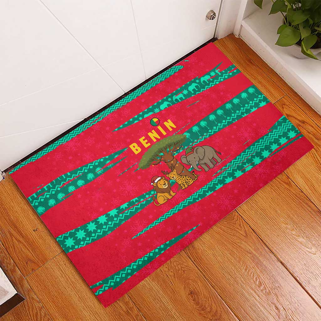 Benin Christmas Rubber Doormat with Safari Animals Baobab Tree and National Coat of Arms Design - Wonder Print Shop