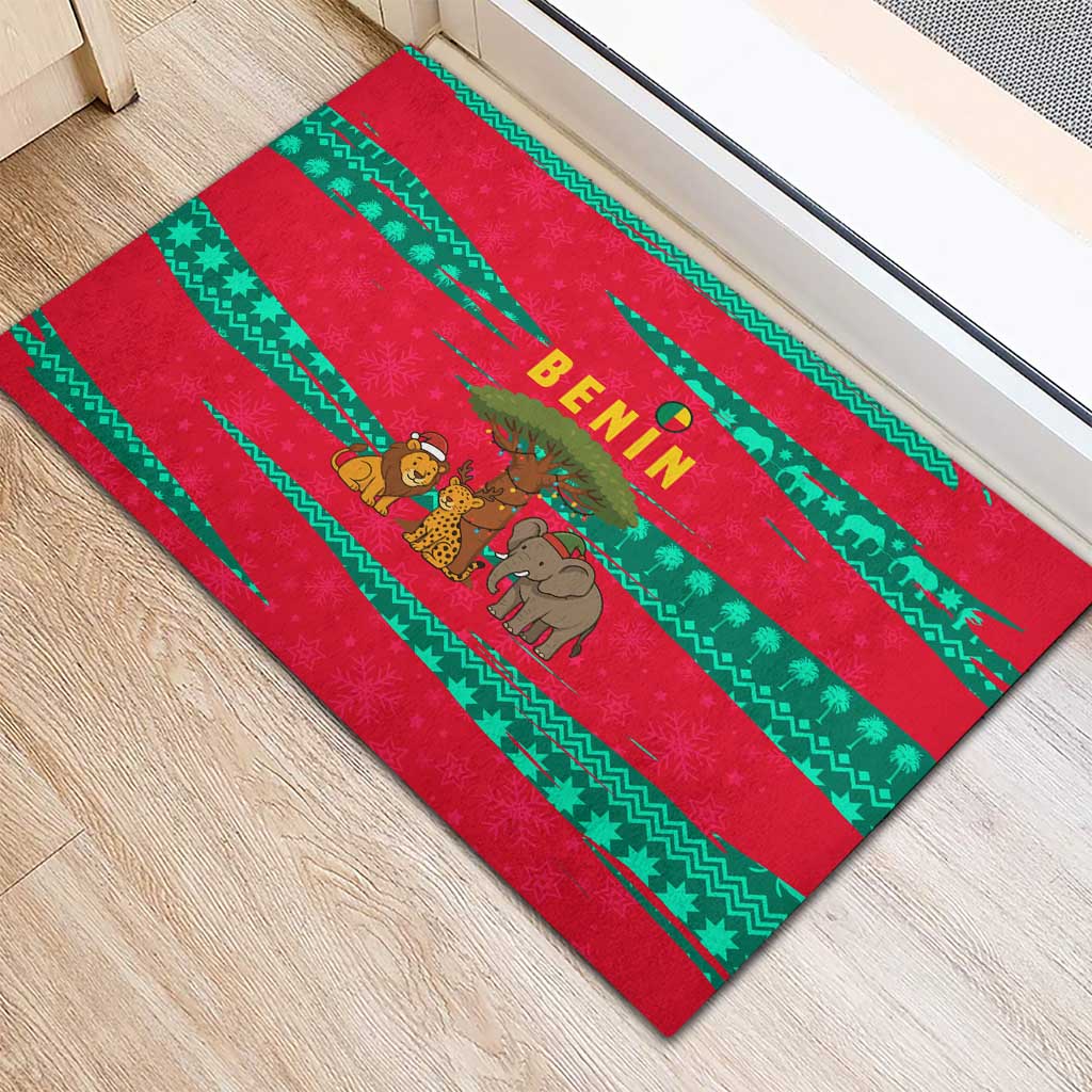 Benin Christmas Rubber Doormat with Safari Animals Baobab Tree and National Coat of Arms Design - Wonder Print Shop