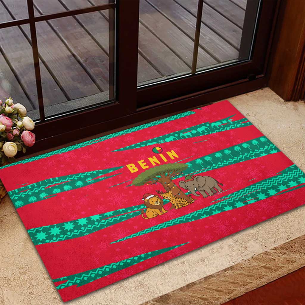 Benin Christmas Rubber Doormat with Safari Animals Baobab Tree and National Coat of Arms Design - Wonder Print Shop