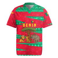 Benin Christmas Rugby Jersey with Safari Animals Baobab Tree and National Coat of Arms Design - Wonder Print Shop