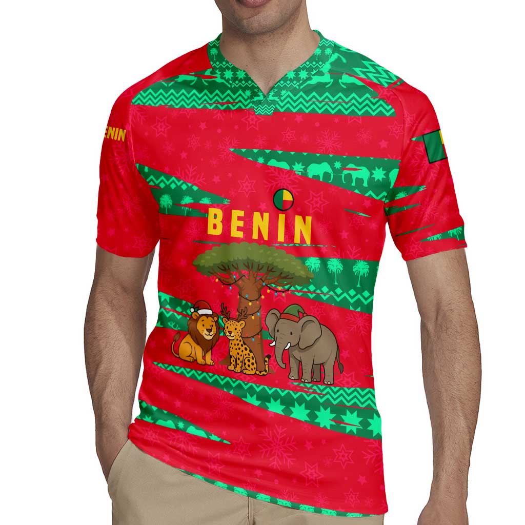 Benin Christmas Rugby Jersey with Safari Animals Baobab Tree and National Coat of Arms Design - Wonder Print Shop