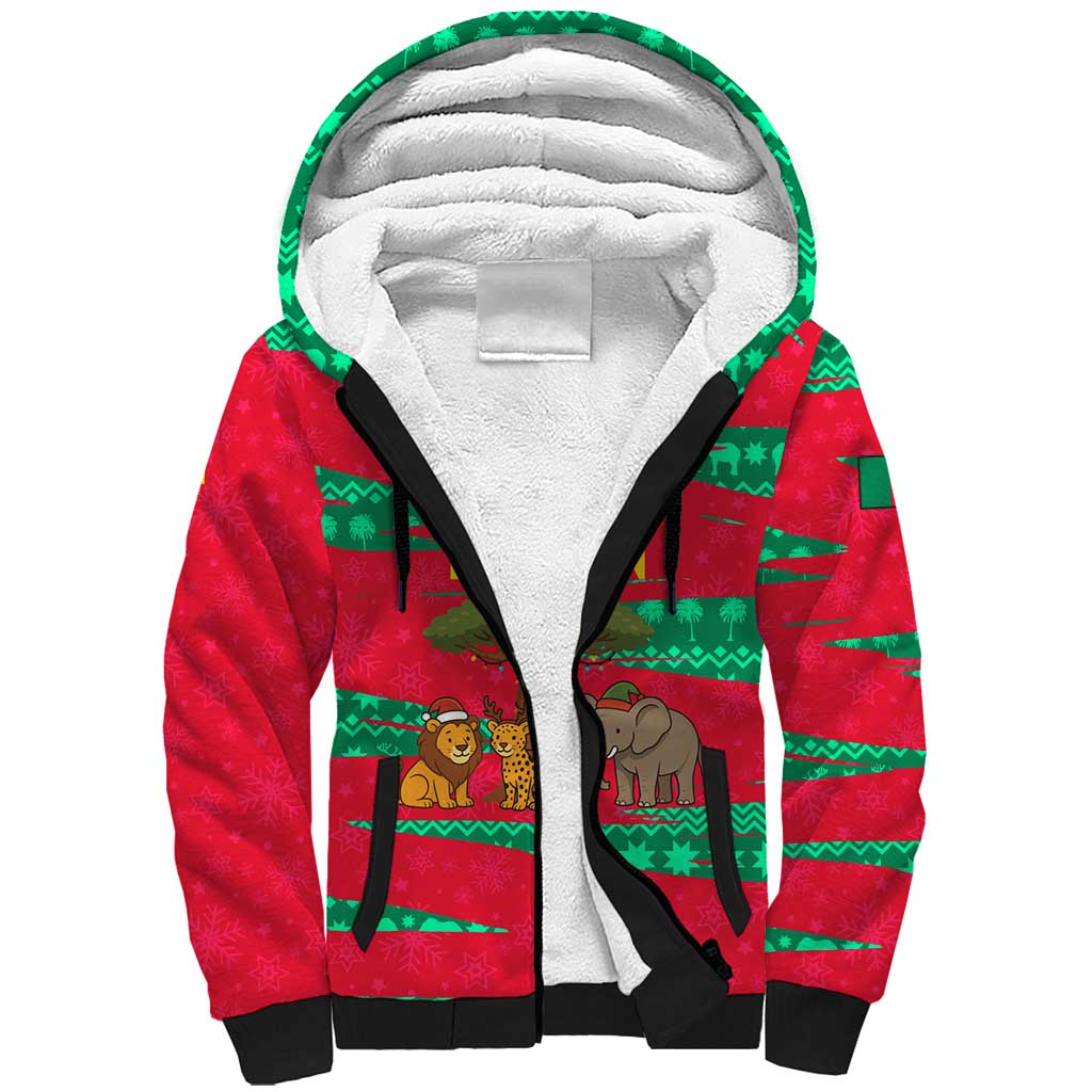 Benin Christmas Sherpa Hoodie with Safari Animals Baobab Tree and National Coat of Arms Design - Wonder Print Shop