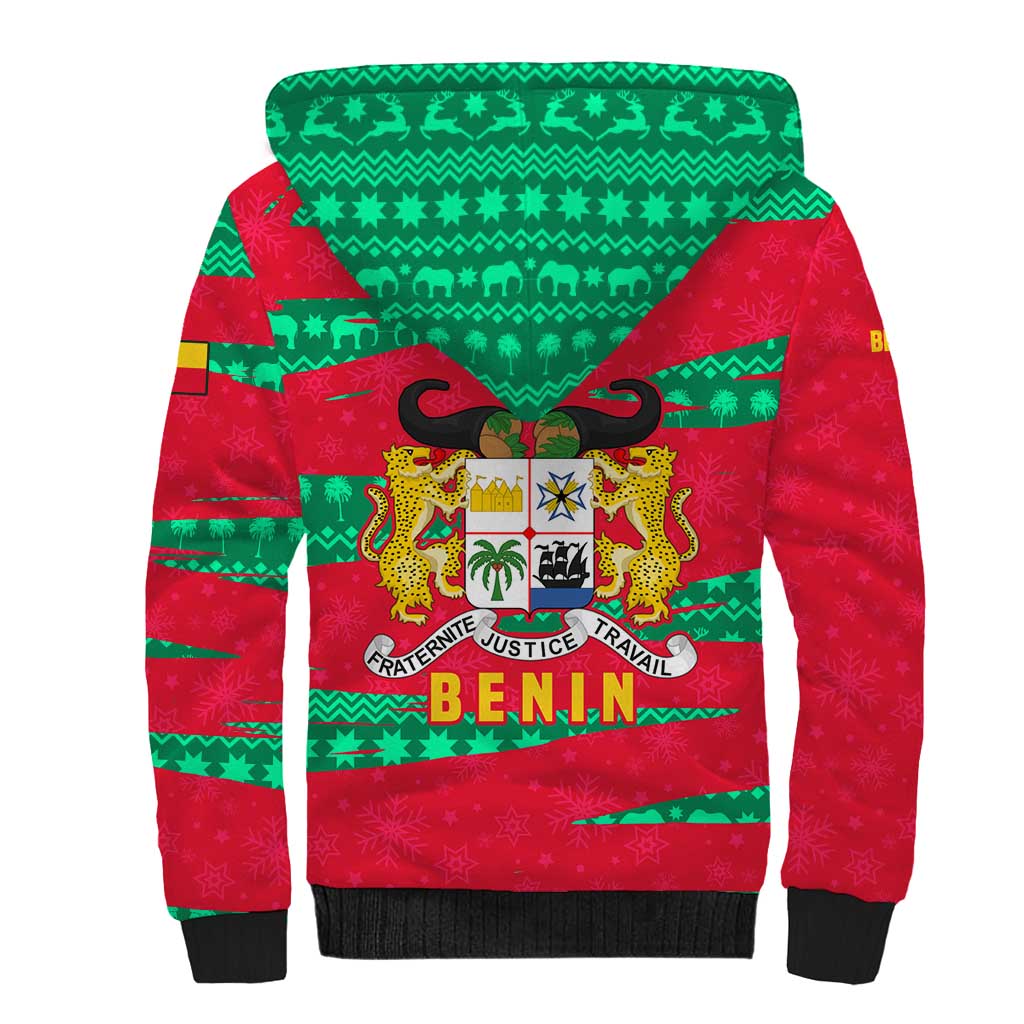 Benin Christmas Sherpa Hoodie with Safari Animals Baobab Tree and National Coat of Arms Design - Wonder Print Shop