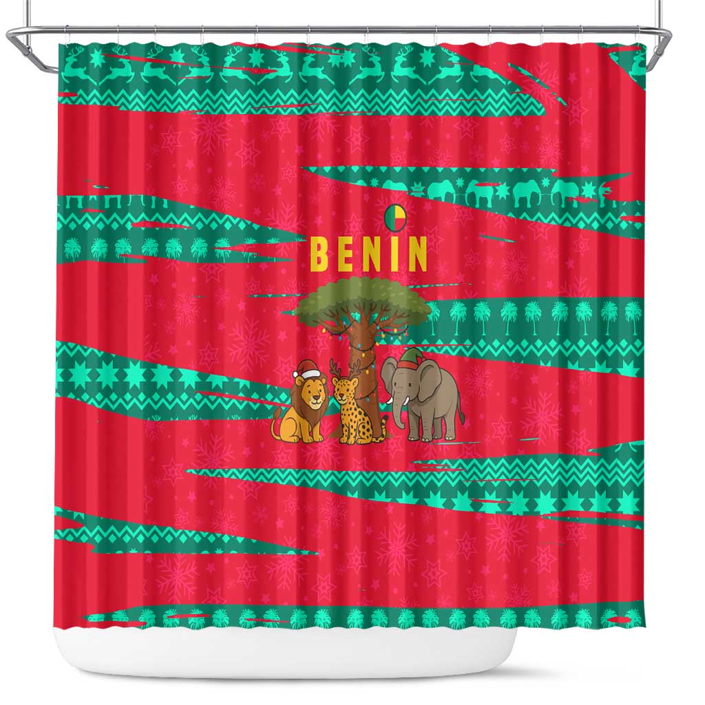 Benin Christmas Shower Curtain with Safari Animals Baobab Tree and National Coat of Arms Design - Wonder Print Shop