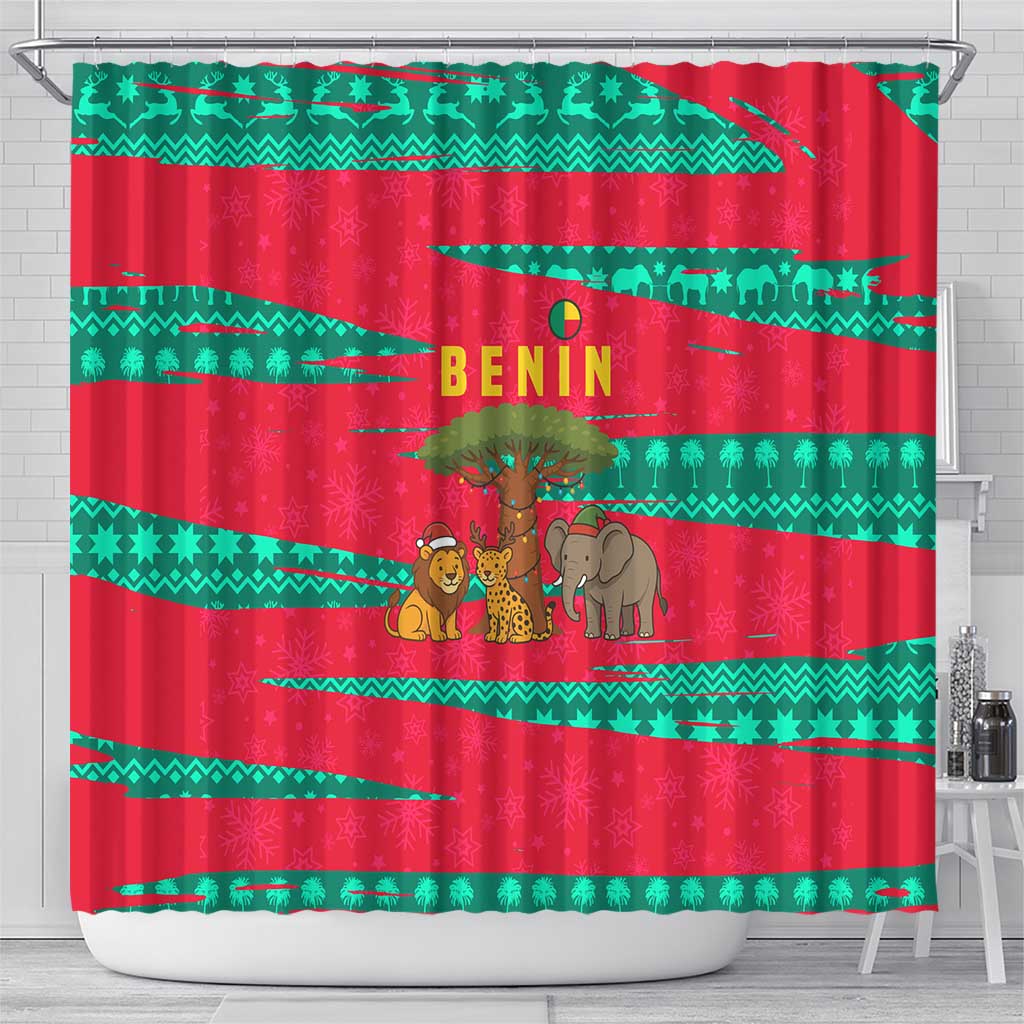 Benin Christmas Shower Curtain with Safari Animals Baobab Tree and National Coat of Arms Design - Wonder Print Shop