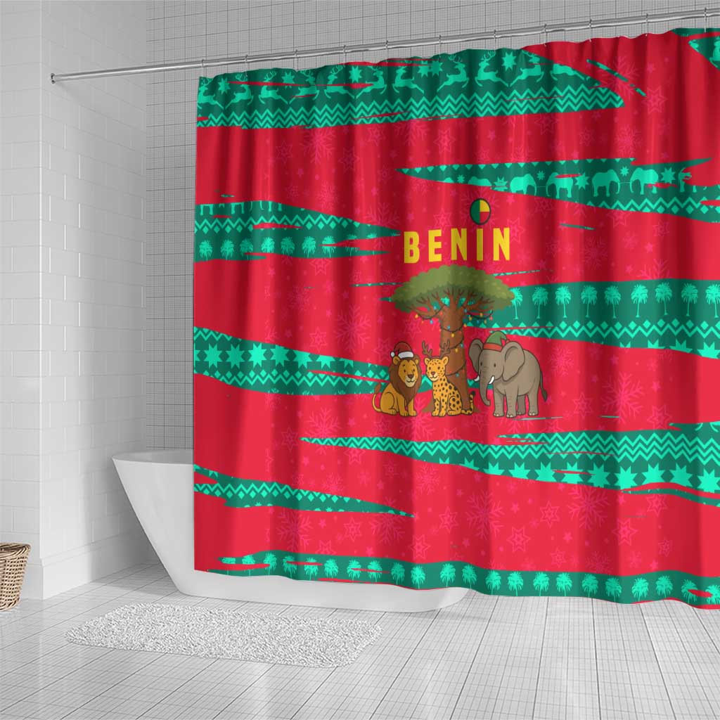 Benin Christmas Shower Curtain with Safari Animals Baobab Tree and National Coat of Arms Design - Wonder Print Shop