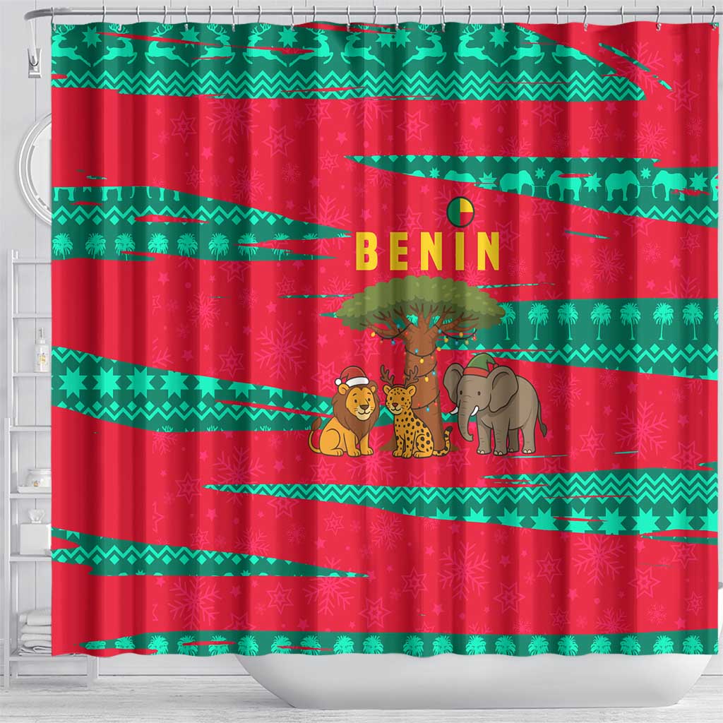 Benin Christmas Shower Curtain with Safari Animals Baobab Tree and National Coat of Arms Design - Wonder Print Shop